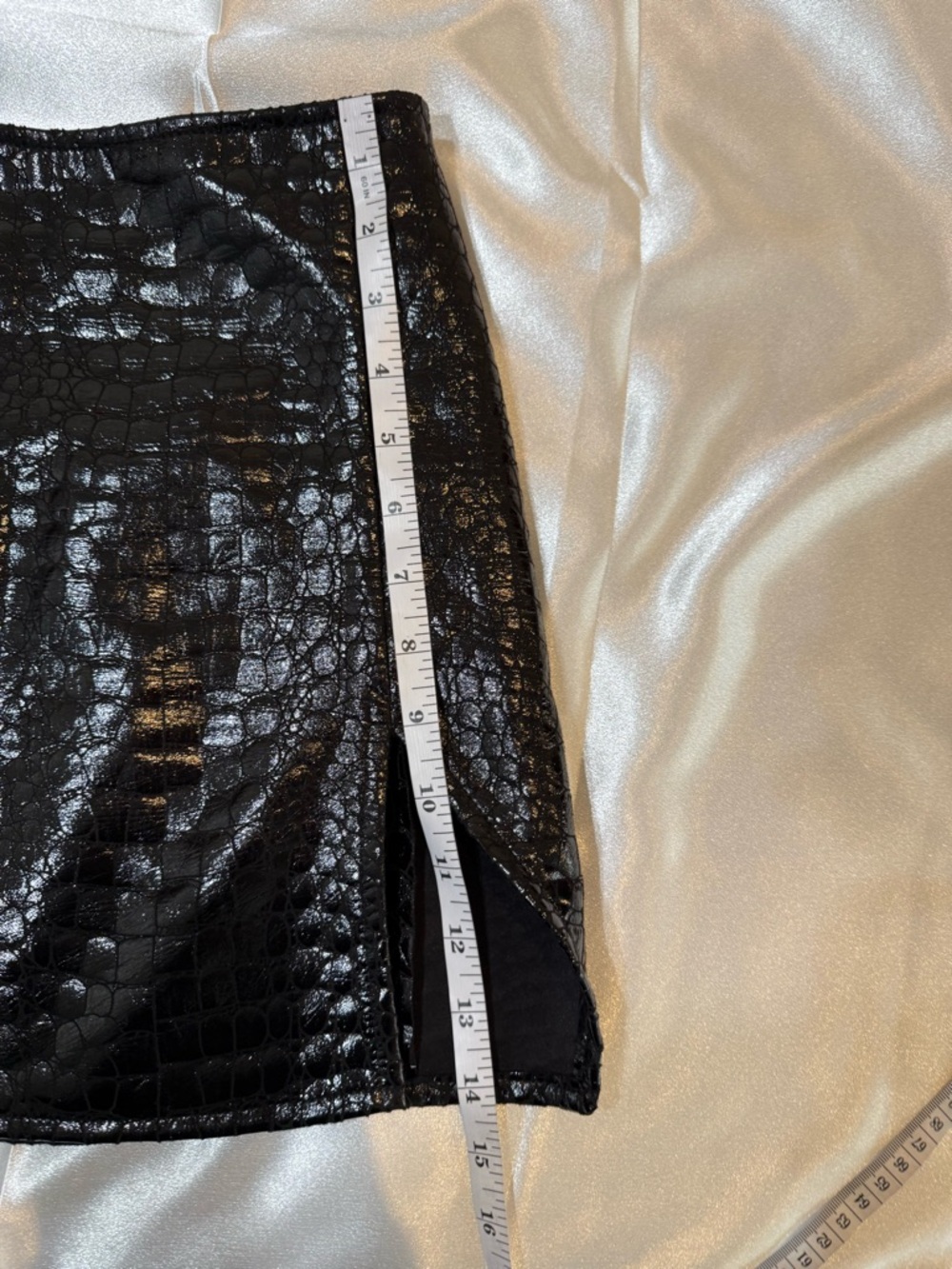 Motel  Shiny Black Faux Croc Mini Skirt with Side Slit - Picture 4 of 6